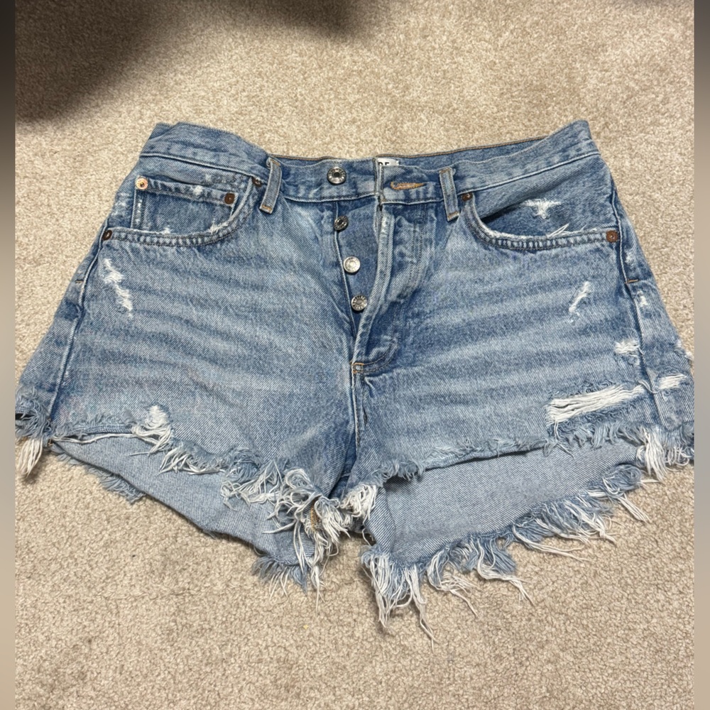 Agolde Light Blue Frayed Jean Shorts